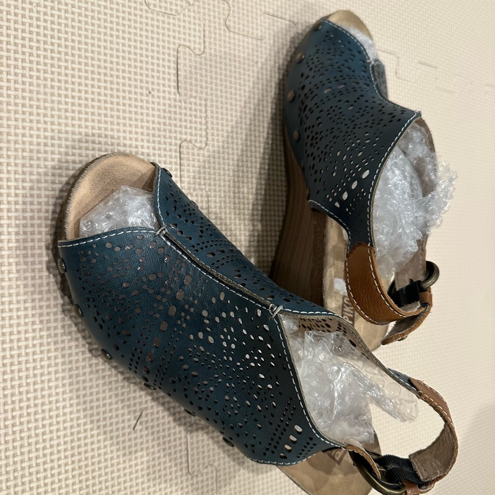 Pikolinos Mahon Blue Laser-Cut Leather Slingback Wedge Sandals Size 39 (US 8.5) - Picture 11 of 12